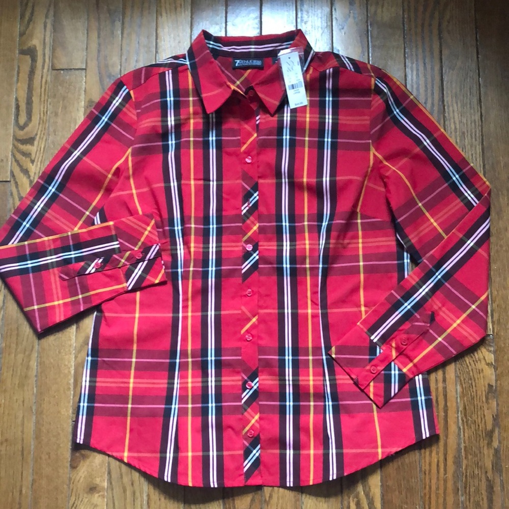 NWT New York & Company plaid fitted button down top Size L
